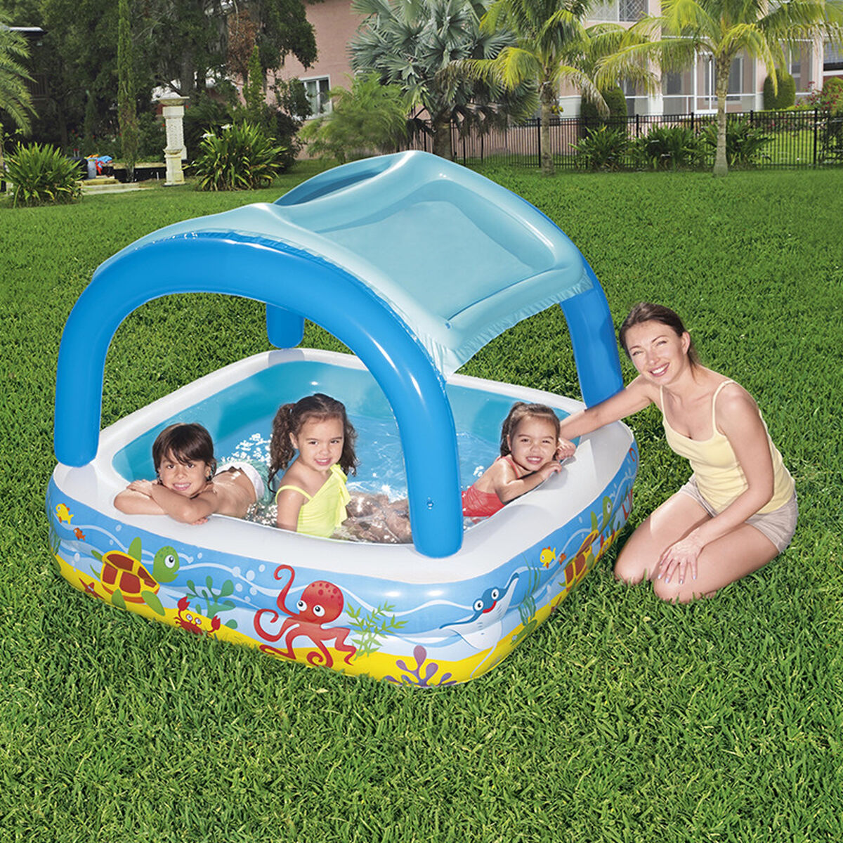 Bestway Opblaasbaar Kinderzwembad Afneembaar Dak 140x140x114 cm +2 Jaar Tuin 52192 - Afbeelding 3